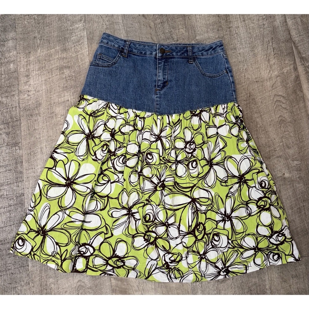 Vtg Speechless Denim Maxi Demon & Green Floral Fabric Skirt Waist Boho Western